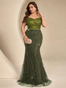 Coutiva Plus Size Sequin Patchwork Off Shoulder Formal Evening Gown - Army Green - View 5