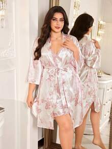 MuseNap CURVE Plus Size Pink Floral Print Nightgown And Robe Set With Pink Lace Trim - Pink - View 3
