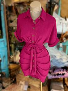 EMERY ROSE Vestido camisa de manga corta con cuello, abotonadura sencilla y cintura con lazo - Rosa Fucsia - Ver 3
