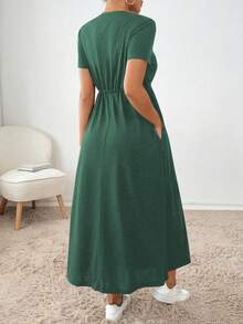 SHEIN Essnce 女士休闲纯色抽绳腰夏季连衣裙 - 墨綠色 - 查看 2