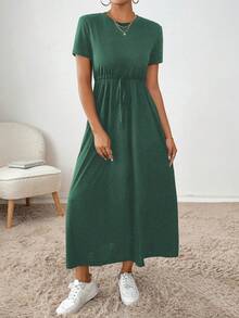 SHEIN Essnce 女士休闲纯色抽绳腰夏季连衣裙 - 墨綠色 - 查看 4