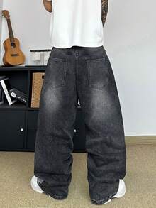 STEELVANCE Celana Jeans Denim Kasual Gaya Jalanan Retro Serbaguna dengan Desain Kumis Kucing dan Rhinestone, Potongan Longgar, Lurus, dan Lebar (Tidak Termasuk Sabuk atau Aksesoris) - Hitam - View 3