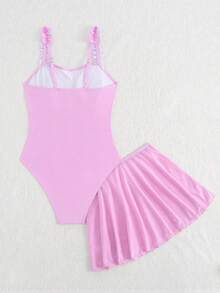 SHEIN Traje de baño de una pieza con tirantes finos y estampado floral, con falda de malla de unicolor para niña preadolescente - Multicolor - Ver 2
