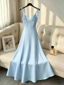 Franclia Women's Elegant Faux Pearl Decor Ruched Tie Waist Dress, Evening Gown - Blue - View 2