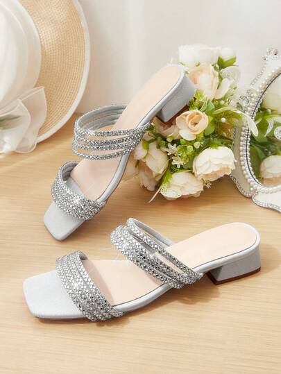 CUCCOO HITCHD Square Toe Glass Rhinestone Light Low Heel Slip-On Comfortable And Fashionable Outer Wear Fairy Versatile Elegant Temperament Silver Slippers