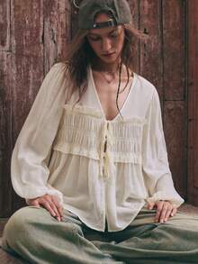 SHEIN Women's Spring/Autumn Shirred Tie Puff Sleeve Blouse, Cream White Textured Fabric, Frill Trim Patchwork, Double Tie Front, Lantern 3/4 Sleeves, Boho - Apricot - View 6
