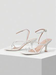 Mnmlis Women's New White Square Toe Strap High Heel Sandals, Fashionable For Commuting And Dating - White - View 1