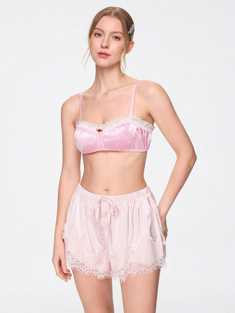 Bonmuse Sujetador de lencería para mujer rosa de satén estilo kawaii lindo coquette babydoll lolita con patchwork de encaje y patchwork 3D romántico - Rosa - Ver 1