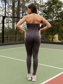 Maju Mazalli Women's Solid Color Halter Backless Fitted Short Sports Set Workout Set Summer - Dark Grey - View 2