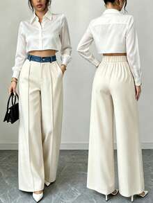 Elenzga Women's Colorblock Pocket Wide Leg Loose Casual Elegant Business Casual Suit Pants Office Off-White Summer - Multicolor - View 2