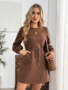 EMERY ROSE Gaun Kasual Wanita Warna Polos untuk Sehari-hari di Musim Gugur, Cocok untuk Makan Siang atau Makan Siang, Warna Cokelat Kopi - Coklat - View 5