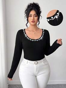 Elenzga Plus Size Women's Autumn/Winter Fuzzy Ribbed Black Slim Fit Waist-Flattering Long Sleeve Top, Elegant Neckline With Pearl Decoration, Suitable For Autumn/Winter Layering T-Shirt, Women's Casual Top, Women's Commute , Women's Fashion - Black - View 1