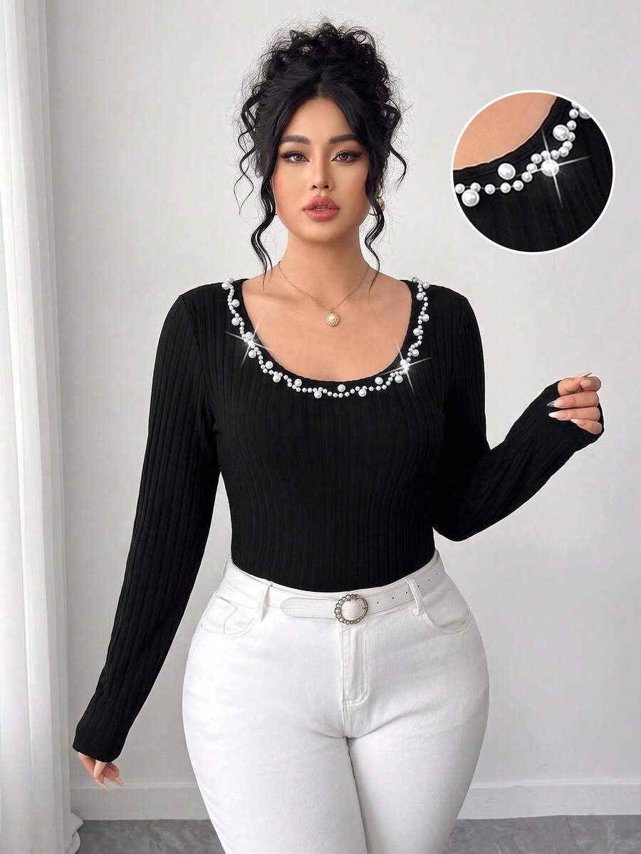 Elenzga Plus Size Women's Autumn/Winter Fuzzy Ribbed Black Slim Fit Waist-Flattering Long Sleeve Top, Elegant Neckline With Pearl Decoration, Suitable For Autumn/Winter Layering T-Shirt, Women's Casual Top, Women's Commute , Women's Fashion - Black - View 1