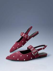 CUCCOO GRLICON Burgundy Velvet Pointed Rivets Rear Strap Flat-Soled Shoes Women's Retro Versatile And Thin Mary Jane Shoes Fall Shoes - Burgundy - View 3