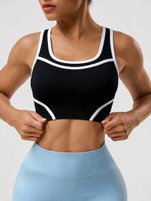 SHEIN Sports Women's Piped Trim Daily Fitness Cropped Sports Tank Top - Black - View 5