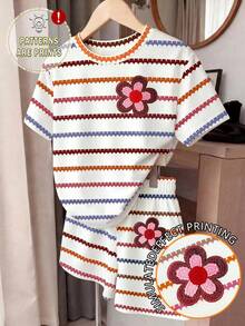 (2 Random Item From 5) Girls' Purple Pink Heart, Colorful Brown Stripe, Floral, Bow, Polka Dot Pattern Basic Short T-Shirt And Shorts - Multicolor - View 7