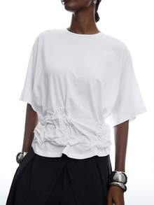 LYSMO Women's Solid Color Pleated Casual Versatile Daily Wear T-Shirt - White - View 4