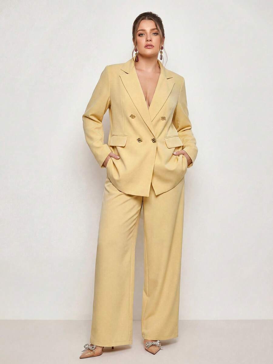 VOLUPTÉ CURVE Plus Size Spring/Summer Suit Set, Urban Minimalist Style, Matte Fabric, Light Yellow, Double-Breasted Lapel, Long Sleeve, Straight Leg Pants, Premium Commuter Office Wear