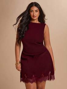 SHEIN BAE CURVE 大尺碼女款黑色蕾絲拼接無袖洋裝 - 紫紅色 - 查看 4