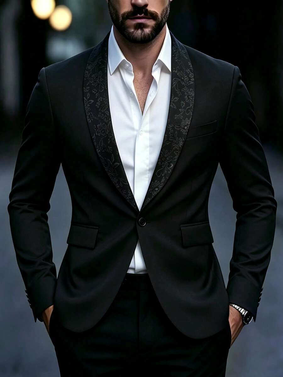 Manfinity Mode Men's Black Business Slim Fit Shawl Collar Single-Breasted Jacquard Blazer - Black - View 1