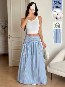 SHEIN Tall Rok Lipit Bergaris Kasual Serbaguna untuk Wanita, Cocok untuk Sehari-hari - Blue and White - View 7