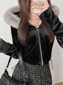 FRIFUL Sweatshirt Wanita Gaya Korea Musim Gugur Warna Polos dengan Kerah Bulu Besar - Hitam - View 2