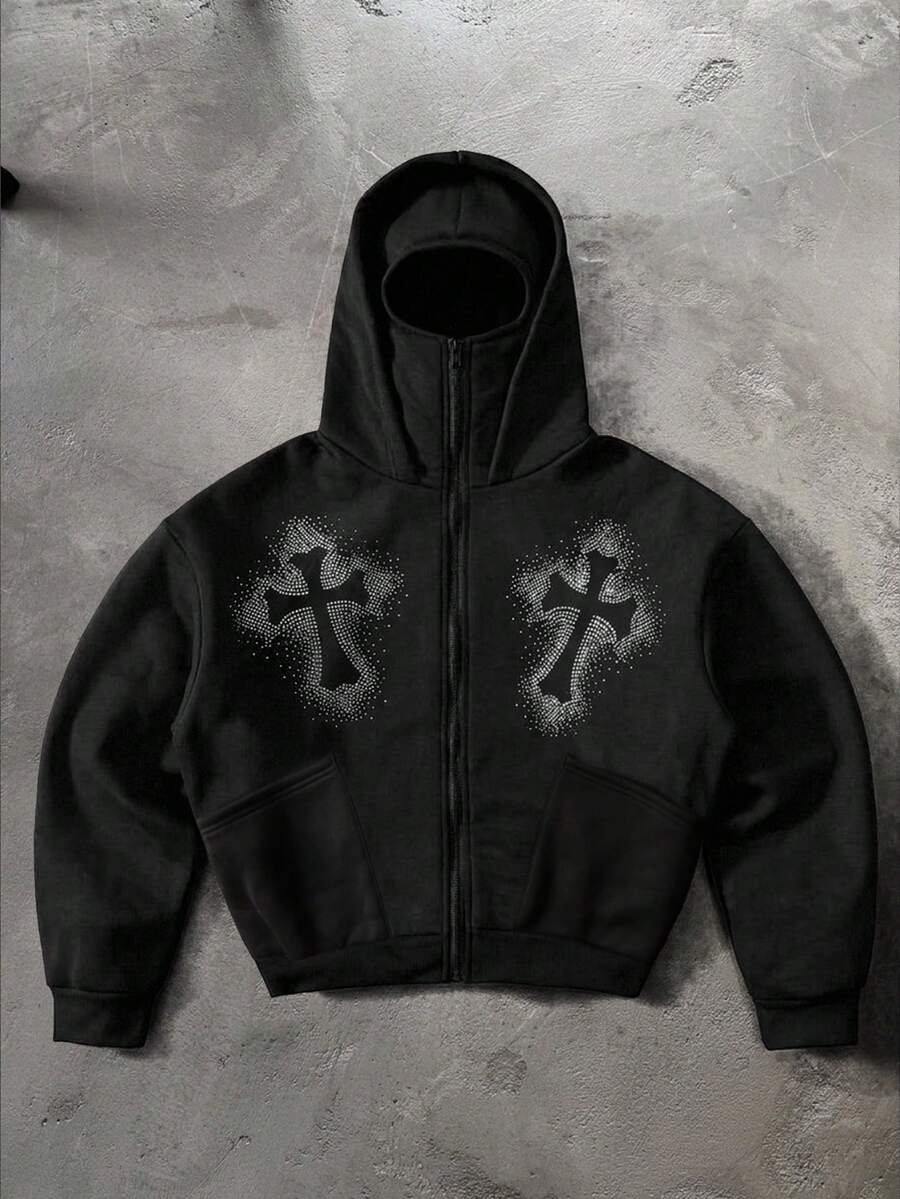 PAVTROS Men's Rhinestone Embellished Casual Pocket Long Sleeve Hooded Jacket - Black - View 1