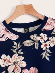 SHEIN LUNE 花卉印花落肩衛衣，秋冬長袖上衣，休閒風 - 藏蓝色 - 查看 4