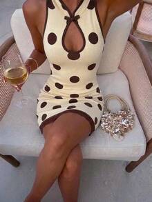 Aloruh Women's Elegant Sexy New Chinese Style Frog Button Polka Dot Print Slim Fit Bodycon Mini Dress - Multicolor - View 3