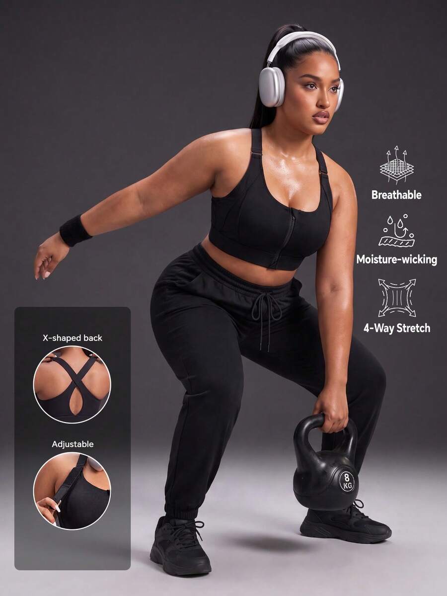 Powerista Women's Plus Size Solid Color Zipper Front Halter Neck Sports Bra Gym Running Fitness Workout Going Out Autumn High-Support Adjustable - Black - View 1