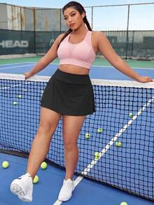 CourtClass Spring/Summer Plus Size Women's Sports Skirt, Black Loose A-Line Regular Waist With Slit Hem, Built-In Shorts And Pockets, Suitable For Casual Wear, Running, Yoga, Gym, Tennis, Golf - Black - View 5