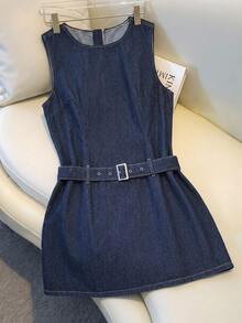 GlowEve CURVE CURVE Plus Size Vintage Dark Blue Denim Mini Dress With Waist Belt Sleeveless Tank Dress - Dark Wash - View 1