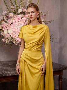 MOTF Soiréza ELEGANT ASYMMETRIC SLEEVES SATIN MAXI PARTY GOWN, ULTRA-LONG DRAPE SLEEVE & SHORT SLEEVE, WAIST RUCHING, FORM-FITTING SILHOUETTE - Yellow - View 3