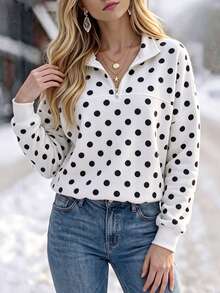 INAWLY Women's Polka Dot Casual Versatile Everyday Long Sleeve Sweatshirt - White - View 7