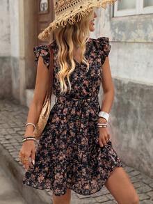 Brillora Summer Beach Vacation Paisley Print Ruffle Trim Belted Nashville Short Dress Black And Orange Boho Cute - Black - View 9
