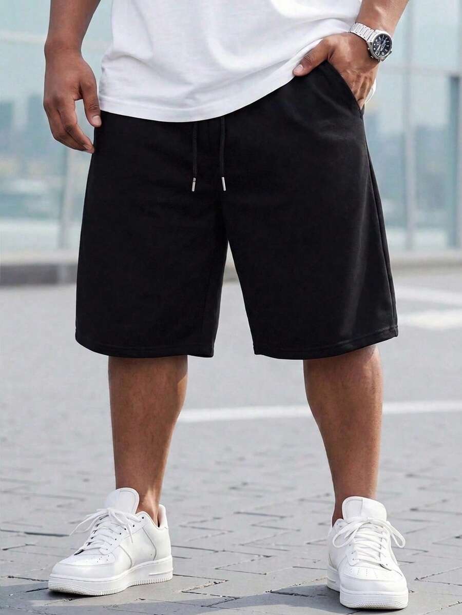 DRIVNCORE Men Plus Solid Drawstring Waist Shorts Sweat Plain Black Size - Black - View 1