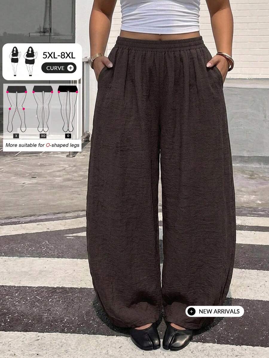 SHEIN CURVE+ Plus Size Minimalist Soft Form Elegant Casual Solid Color Loose Fit Textured Pants With Pockets Autumn Dates Office Brunch Formal Vacation Brown - Brown - View 1