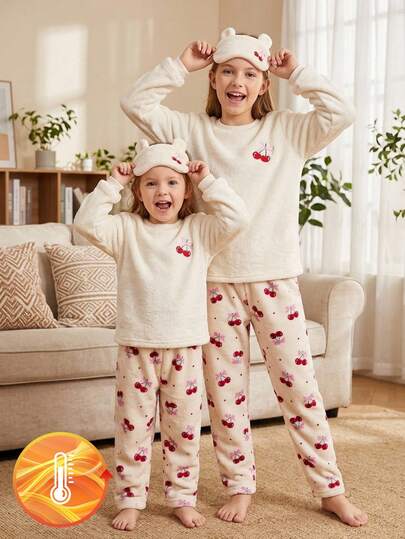 SHEIN Autumn/Winter Girls' White Cherry Bow Long Sleeve Top And Pink Bow Print Plush Long Pants Set, Pajamas, Soft And Comfortable Fabric, Best Gift For Girls Back To School