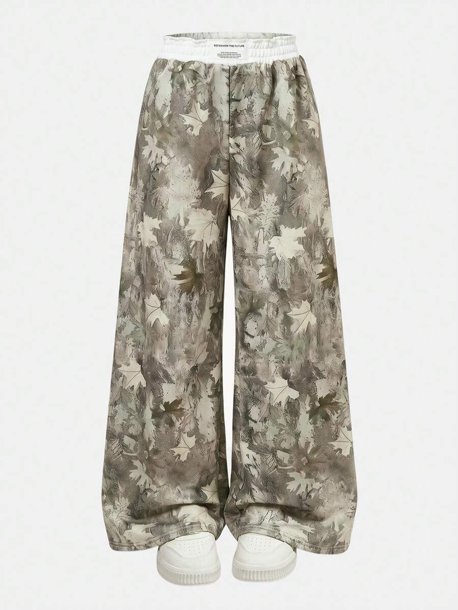 Tween Girl Knit Light Gray Loose Casual Versatile Drawstring Pocket Wide Leg Sweatpants - Multicolor - View 1