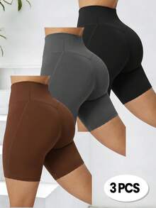 Velisys Velisys Plus Size Women's Solid Color High Waist Athletic Shorts 3 Pieces Set - Multicolor - View 3
