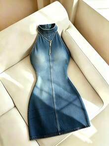 Resyla Gaun Wanita Modis Serbaguna dengan Motif Denim dan Leher Halter - MultiWarna - View 5