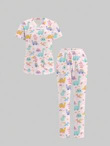 TaskEZ 2 Pieces Scrub Uniform Set With Cute Dinosaur Print, Suitable For Work Commute And Pet Hospital - Multicolor - View 3