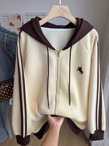 Comfortcana Plus Size Fashion Rider Embroidered Striped Colorblock Sweatshirt - Yellow - View 6