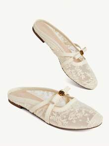 CUCCOO CHICEST Small Round Toe Flat Bottom Apricot Lace Mesh Bow Women's Low Vamp Flat Bottom Shoes Mules Shoes Light, Comfortable, Fashionable - 2025 net No. 3 apricot color - View 6