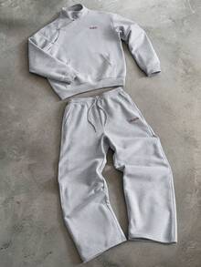 PAVTROS Men's Letter Embroidery Frog Button Design Long Sleeve Sweatshirt And Sweatpants Casual Set - Grey - View 1
