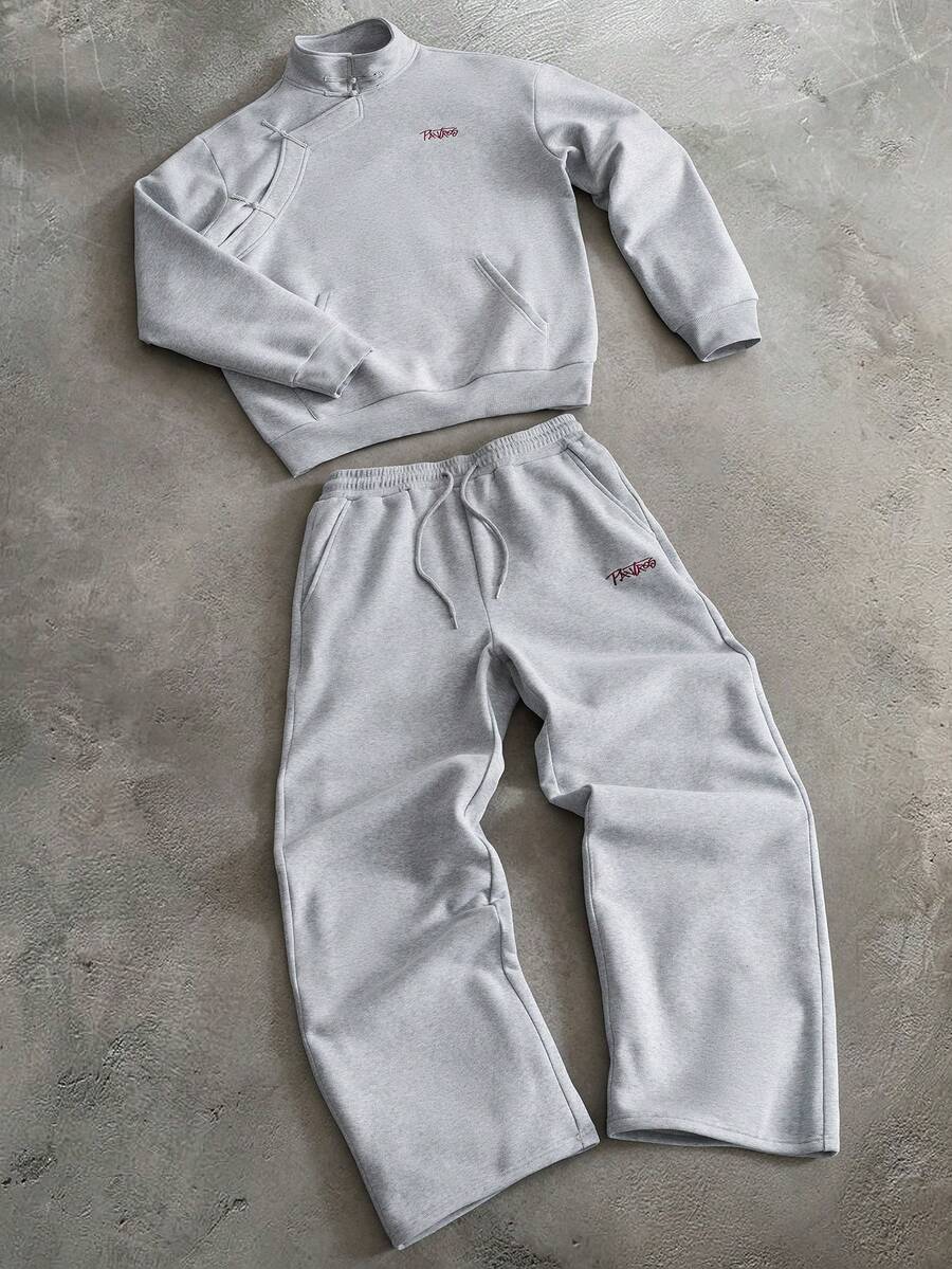 PAVTROS Men's Letter Embroidery Frog Button Design Long Sleeve Sweatshirt And Sweatpants Casual Set - Grey - View 1