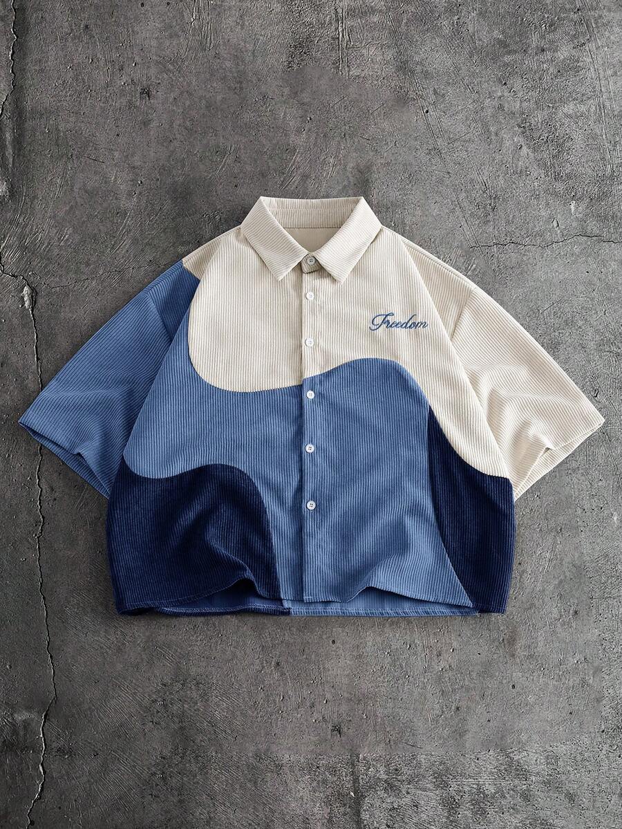 AXEPEAK Camisa versátil de manga corta con botones simples y bordado de color contrastante para hombre - Multicolor - Ver 1