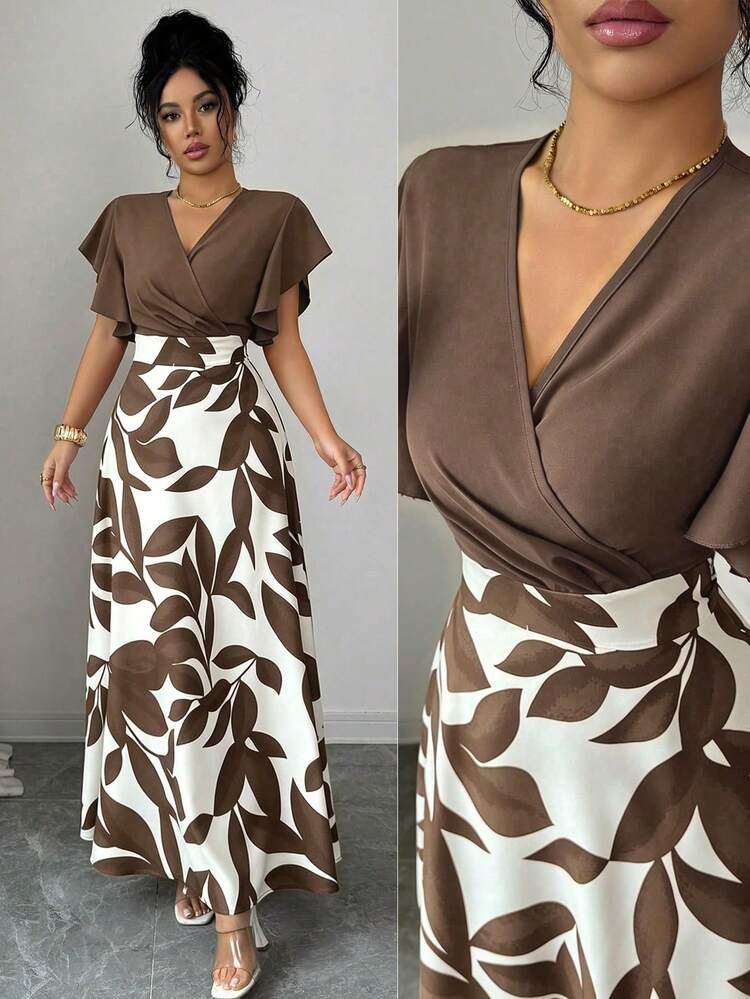 Elenzga Women's Spring/Summer Elegant Jamaican European White Leaf Pattern Pleated Flutter Sleeve Fitted Slim Fit Flared Long Dress Vacation - Multicolor - View 1