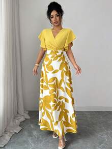 Elenzga Women's Elegant Burgundy Red Leaf Pattern Ruched Cap Sleeve Fitted Flared Dress, Spring/Summer - Yellow - View 4