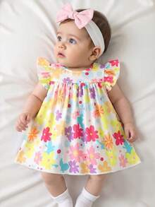 SHEIN Newborn Baby Girl Summer Cute Sleeveless Knit Dress Colorful Ruffled Trim A-Line Doll Silhouette Skirt Soft Stretch Fabric Playful Prints Apparel - Multicolor - View 8